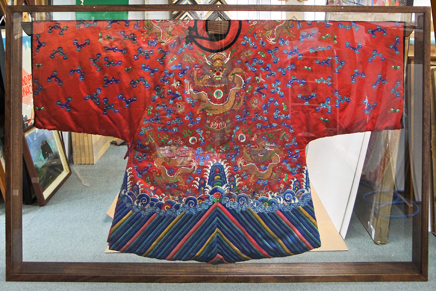 Kimono suspended in double sided Tasmanian oak display case