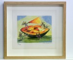 Coloured lithograph on paper in raw Tasmanian oak box frame